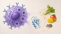 Stylized mast cell and defensin molecule suggesting recurrent anaphylaxis and food allergy overlap