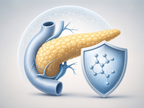 Stylized pancreas with insulin molecule and coverage shield representing insulin cap policy