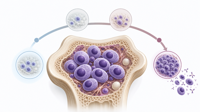 Simplified bone marrow plasma cell cluster illustrating multiple myeloma relapse timing