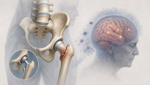 Hip fracture anatomy with brain cue representing postoperative delirium risk after sedation