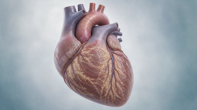 Illustrated heart showing subtle transthyretin amyloid deposition associated with ATTRCM