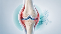 Illustrated rheumatoid arthritis synovial joint with subtle inflammation representing baricitinib safety labeling updates