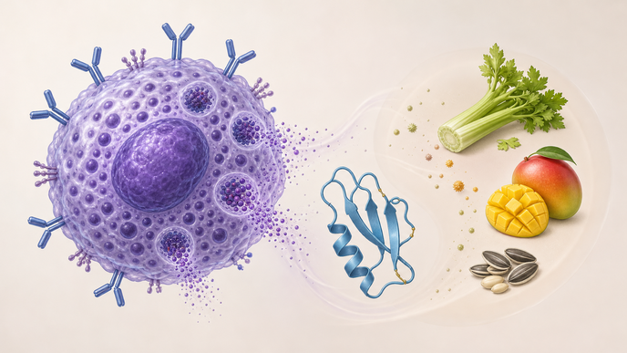 Stylized mast cell and defensin molecule suggesting recurrent anaphylaxis and food allergy overlap