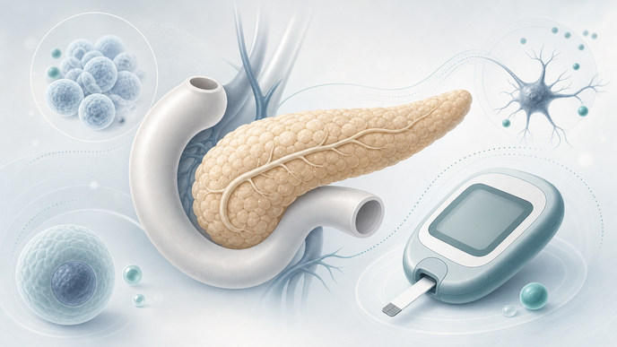 Simplified pancreas and glucose cells illustrating glycemic monitoring after antipsychotic treatment initiation
