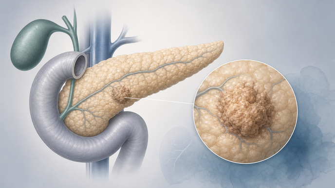 Simplified pancreas illustration showing a discrete pancreatic adenocarcinoma region against a neutral clinical background