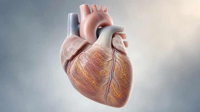 Illustrated heart muscle with subtle transthyretin amyloid deposits representing transthyretin amyloidosis with