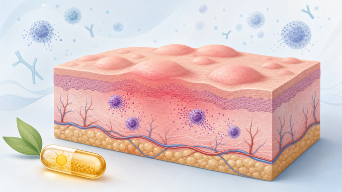 Skin cross section showing urticaria wheals with a vitamin D capsule icon