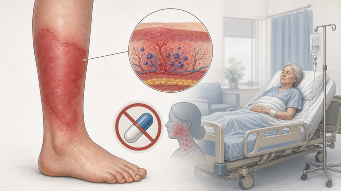 Simplified erysipelas skin inflammation with penicillin allergy label icon