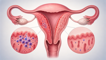 Simplified uterus showing chronic endometritis with inflammatory plasma cells in the endometrial lining