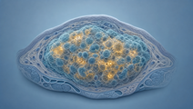 Illustrated tumor tissue with subtle highlights representing investigational PARP 1 targeted PET tracer uptake
