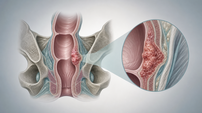 Simplified rectum with a highlighted area representing locally advanced MSI H or dMMR rectal cancer