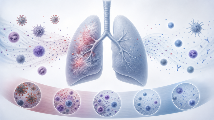 Simplified lungs with cytokine signals illustrating COVID severity and post acute immune patterns