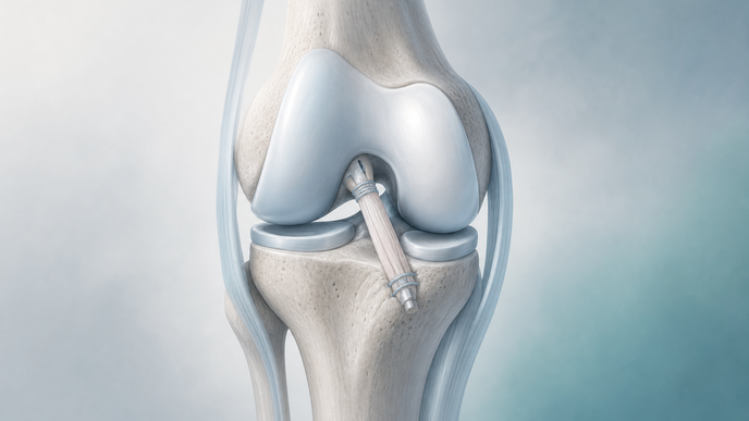 Illustrated knee joint with highlighted reconstructed anterior cruciate ligament