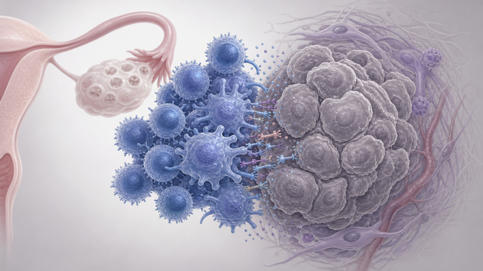 Ovarian tumor microenvironment showing T cells and macrophages forming an immune cell contact interface