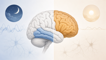 Simplified brain showing temporal and frontal regions with sleep phenotype differences in dementia