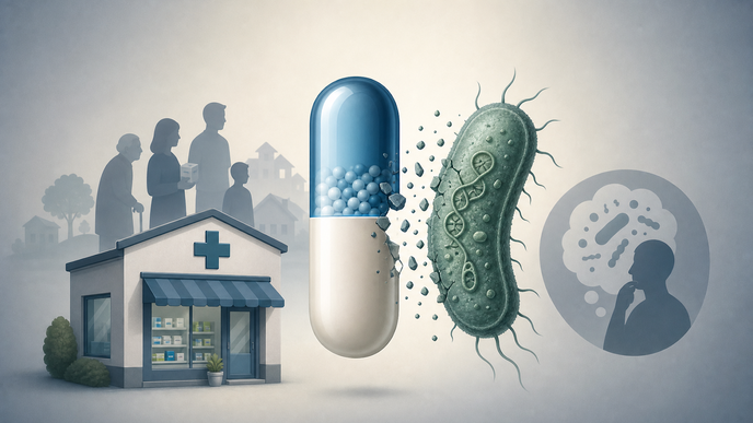 Stylized antibiotic capsule beside bacterial cell and pharmacy icon representing community misuse and AMR