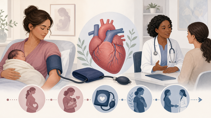 Stylized postpartum blood pressure cuff and heart representing hypertension follow up after pregnancy