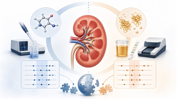 Simplified kidney illustration with creatinine and urinary protein assay panels for laboratory quality assessment
