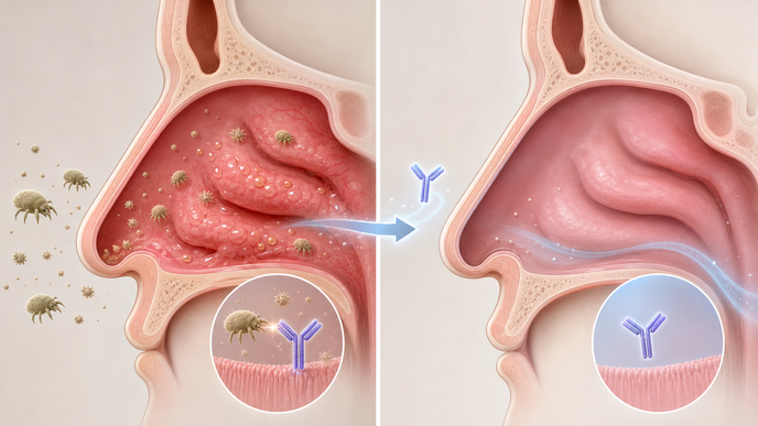 Simplified nasal passages showing house dust mite allergic rhinitis and IgE reactivity