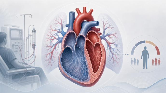 Simplified heart and pulmonary vasculature illustrating pulmonary hypertension risk in hemodialysis