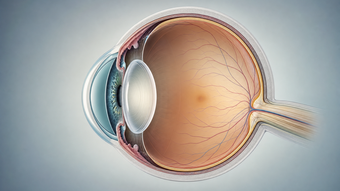 Simplified cross section of an adult eye emphasizing the crystalline lens affected by presbyopia