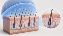 Scalp cross section showing hair follicles preserved by cooling during chemotherapy induced alopecia