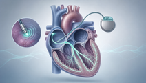 Stylized heart with conduction pathway illustrating conduction system pacing for atrioventricular block