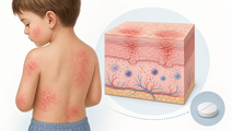 Atopic dermatitis skin inflammation with oral antihistamine tablet icon