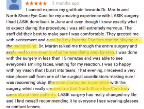 Figure 1. This Google+ review, posted by a real patient, illustrates many of the qualities that are important to millennials: comfort, a personalized experience, a clear explanation, a sense of connection, and shared experiences.