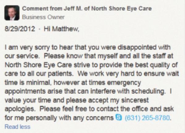 Figure 2. Not every patient review will be positive. When this patient complained on Yelp about having to wait too long at the office, Dr. Martin responded personally.