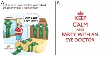 Figure 1. One strategy for humorous posts is to find a way to laugh at yourself (A). Sending a party meme is typically not appropriate on a working day (B).