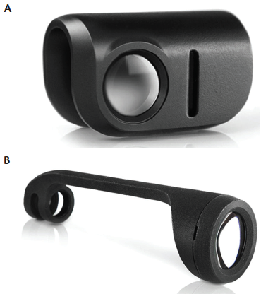 Figure 2. The visoClip anterior segment imaging adapter (A). The visoScope retinal imaging adapter (B).